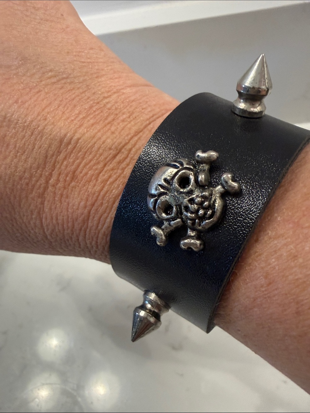 Black Leather Spike Bracelet with Silver Skull Accent
